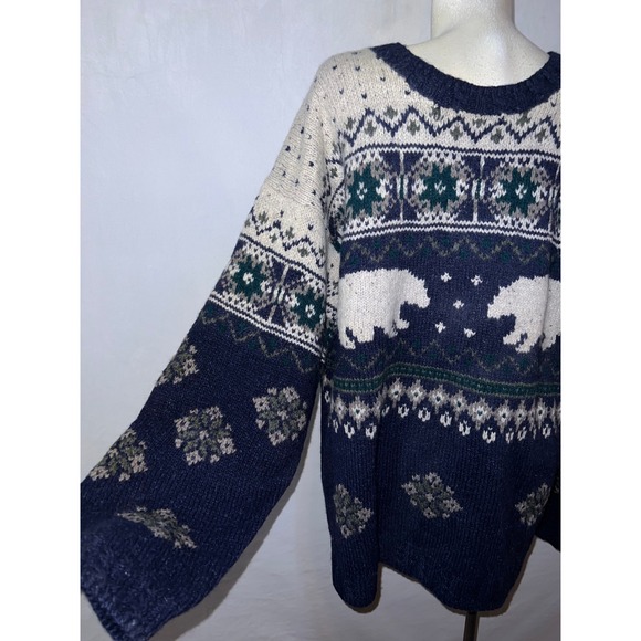 L.L. Bean Mens XXL Tall Wool Silk Polar Bear Fair Isle Crewneck Sweater Blue - Picture 2 of 8